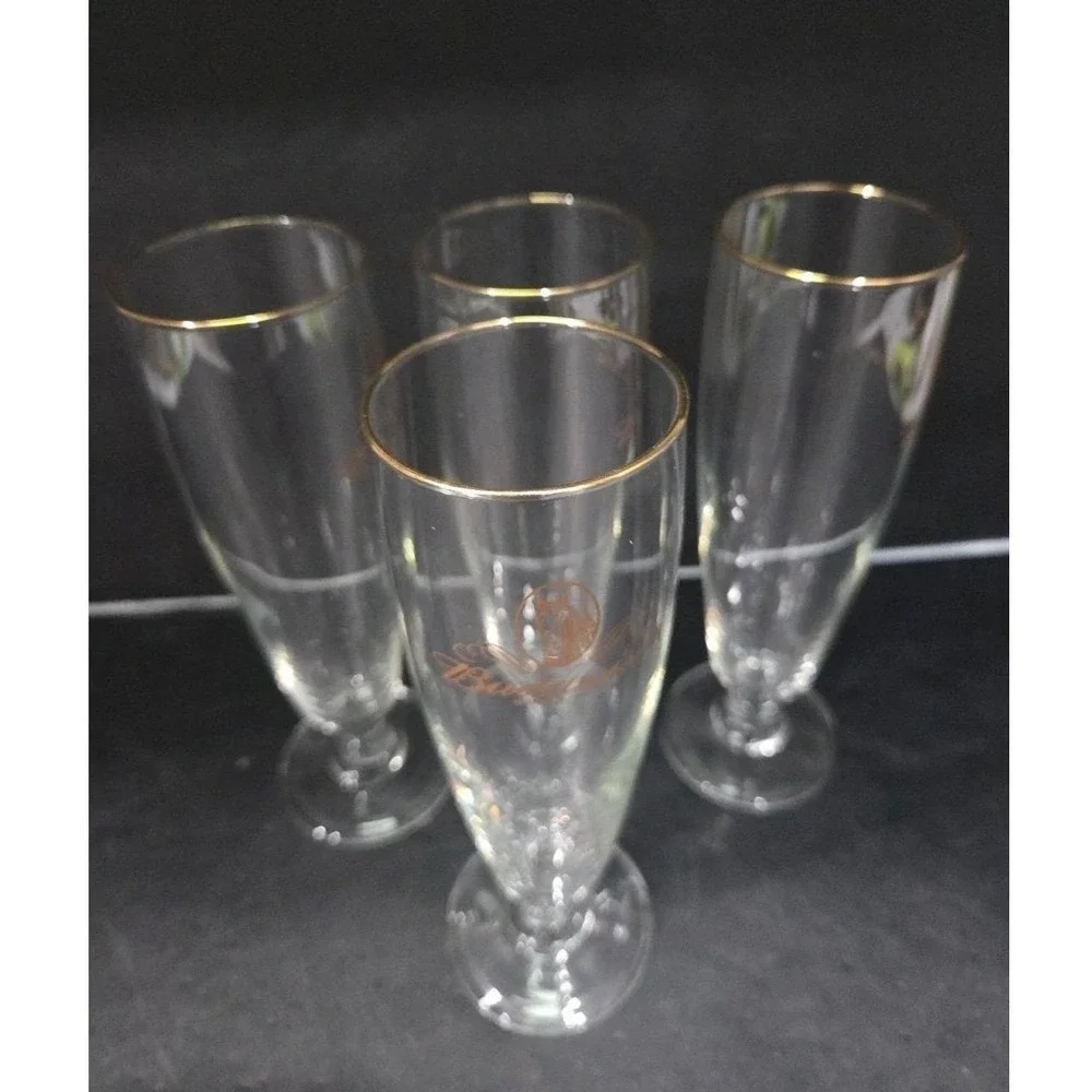 Budweiser Clydesdales Pilsner Glasses, Set of 4, Gold Rimmed Stemware, Drinkware
